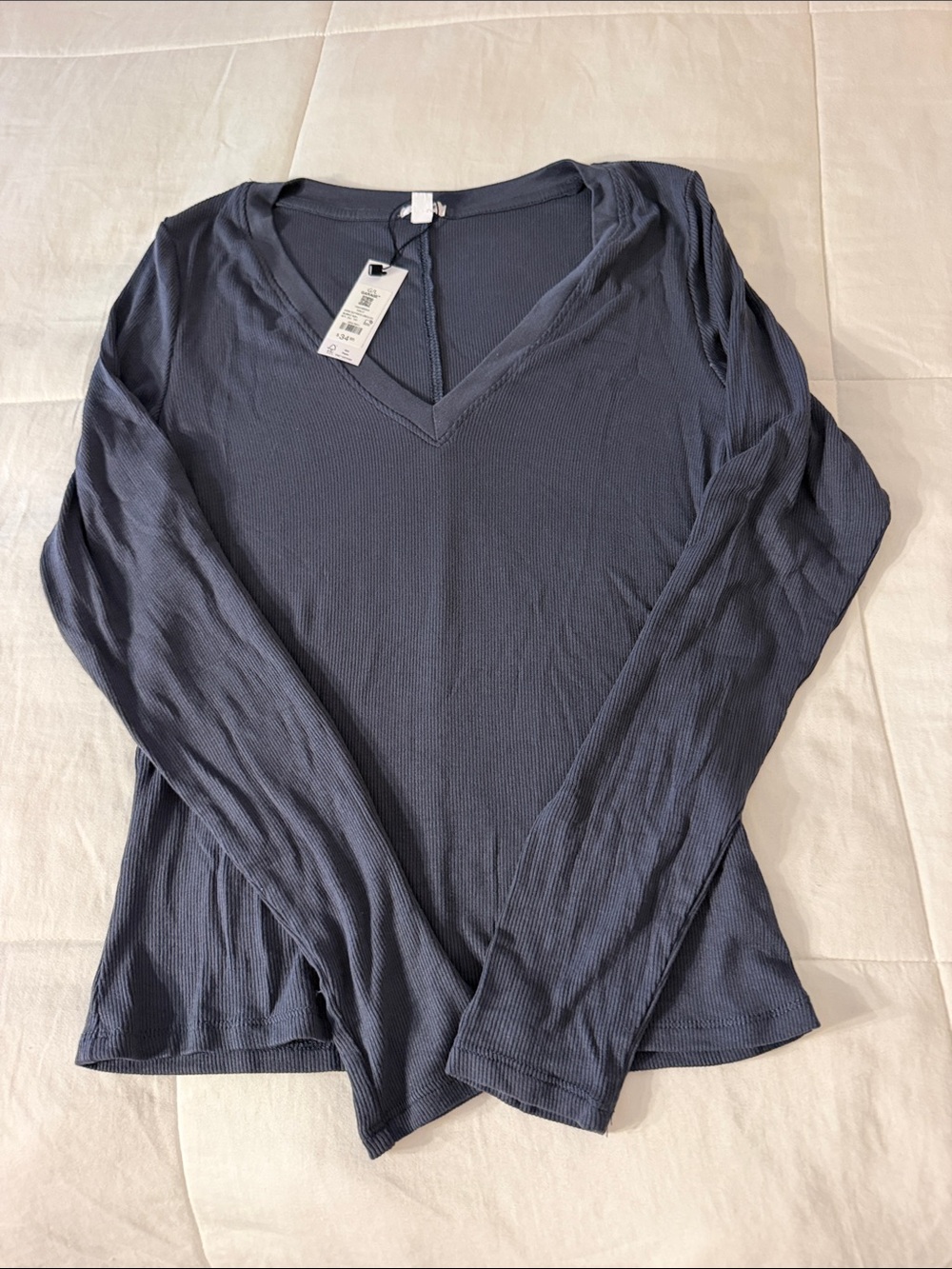 Garage Navy V-Neck Ribbed Long Sleeve Top